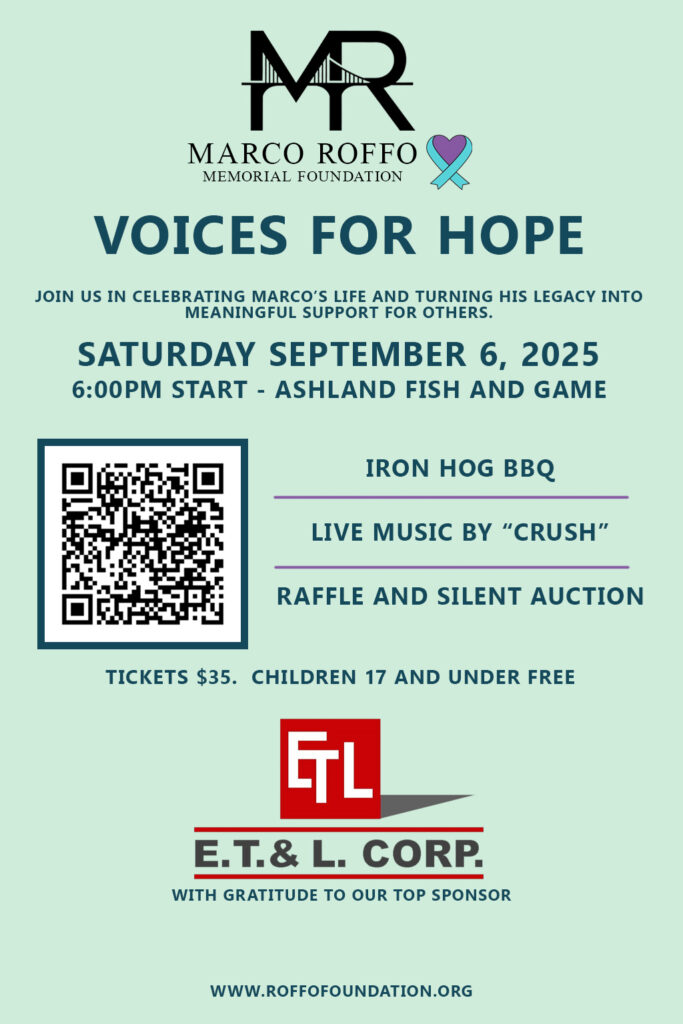 Event details: The Voices for Hope fundraiser is on Saturday, September 6, 2025. It starts at 6:00pm and will be held at Ashland Fish and Game. The event includes Iron Hog BBQ, Live music by Crush, a raffle, and a silent auction. Adult tickets are $35, and children 17 and under get in free.